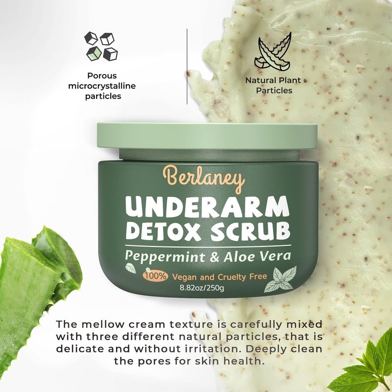 Berlaney Armpit Detox Scrub 8.8 oz with Peppermint, Aloe Vera and Walnut Shell Powder, Underarm Scrub Helps on Removing Odor, Deep Cleanse & Exfoliating, also for Legs, Knee, Feet, Hands Whole Body - Image 2